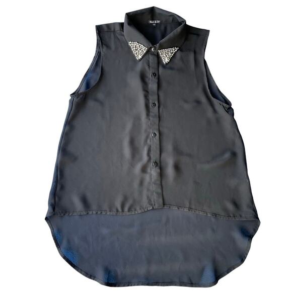 Women Black Sheer Blouse Beaded Collar Button Up Size M High Low Hem Glam Edgy - Picture 10 of 10